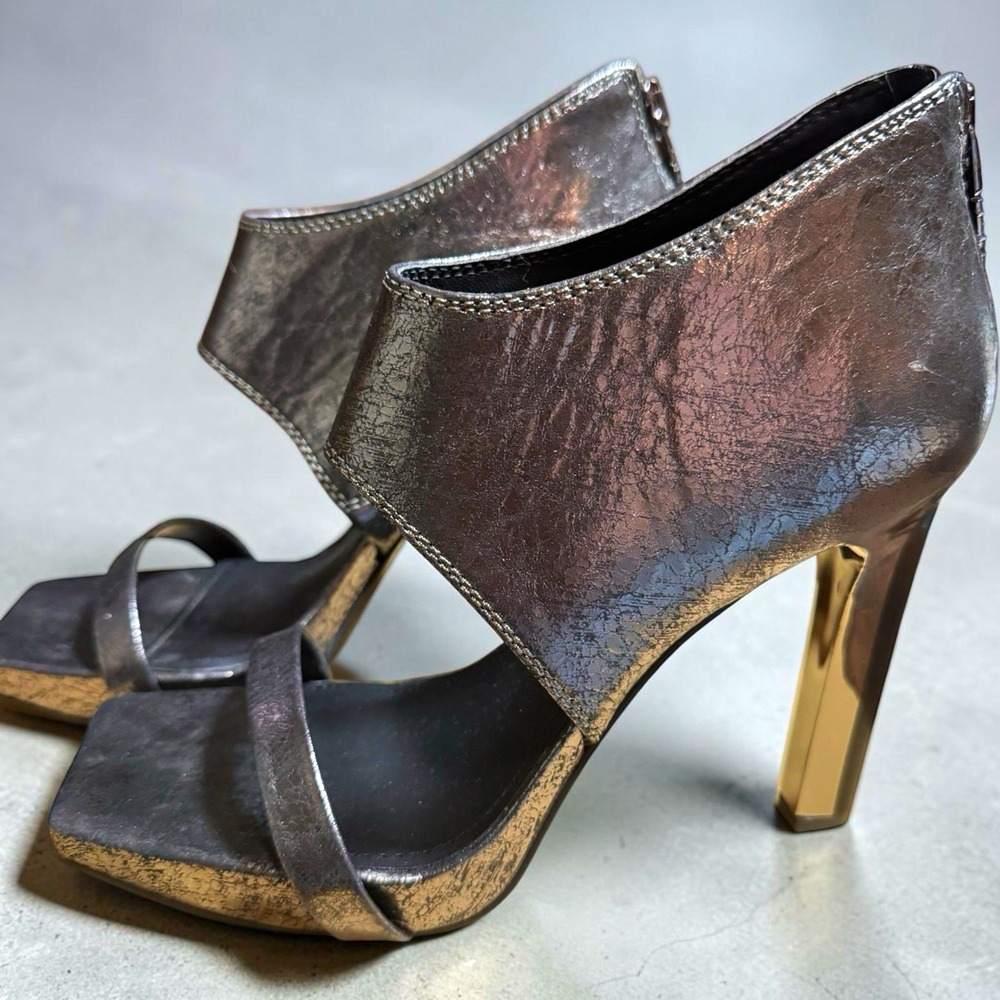 DKNY Dava Ankle Cuff Platform Sandals Metallic Gunmetal Silver Heel NWT Size 9.5